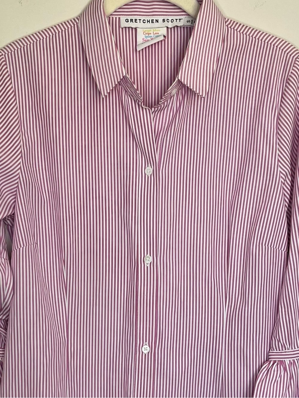 Gretchen Scott Pink White Stripe Ruffle Cuff Button Up Blouse S Preppy Coastal - Picture 3 of 8